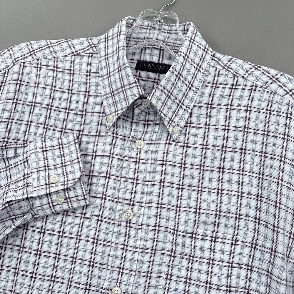 Canali Shirt Mens Medium White Purple Plaid Cotton Button Down Long Sleeve Italy